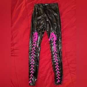Dolls Kill Black Leggings with Pink Lace-Up Detail